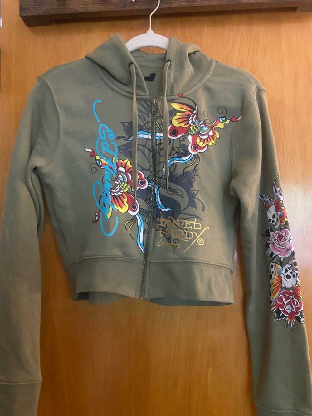Ed Hardy Olive Zip-Up Hoodie with Colorful Tattoo Graphics